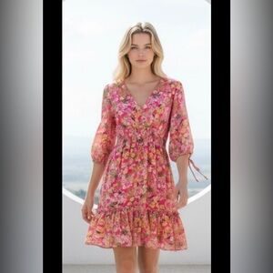 TAYLOR Anthropologie Floral Dress Pink Tiered V Neck Ruffle Feminine Smock Sz 6